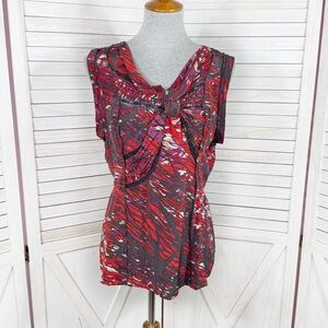 BCBGMaxAzria Abstract Print Knot Front Silk Blouse Sleeveless Black Red Medium